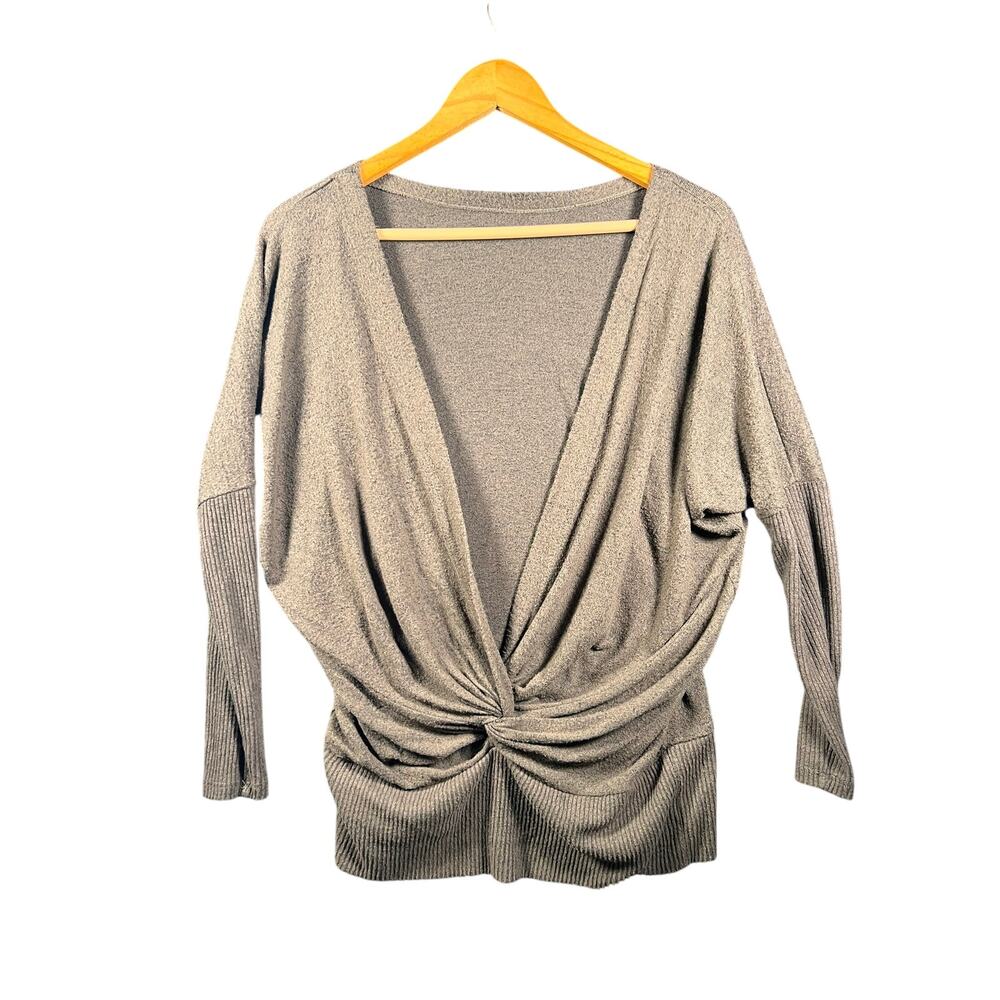 Savvi Twist Front Sweater Size S Brown Ribbed Cozy Knit Neutral Relaxed EUC